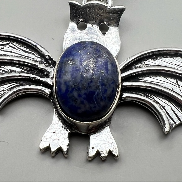 New Lapis Lazuli Stone Halloween Bat Silver Overlay Pendant Necklace with Cord - Picture 5 of 6